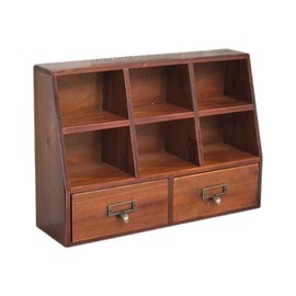 Wooden Desktop Organizer with6 Compartments & 2 Drawers -VintageFarmhouse Office Decor, Mahogany WoodShelves for Study Table Cabinet (DesktopSize)