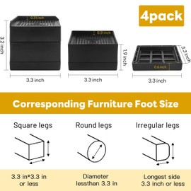 BTSD-home Bed Risers Heavy Duty Adjustable Furniture Risers Elevation in Heights 1 or 3 Inch Bed Frame Lifts Risers for Dorm Beds, Sofas 4 Pack Black Square