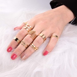 U7 9Pcs Knuckle Ring Set Gold Plated Heart Ring, Band Ring, Filigree Ring Stackable Full Finger Rings Statement Bohemian Rings for Women