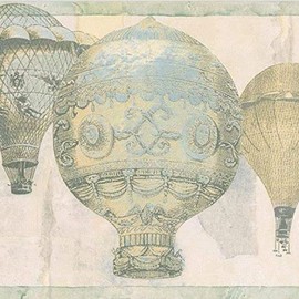 CONCORD WALLCOVERINGS ™ Vintage Wallpaper Border Featuring Old-Fashion Artistic Picture of Hot Air Balloons at The Sky, Colors Green Pastel Blue Yellow, Size 7 Inches by 15 Feet NB76954