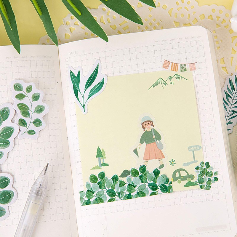 Doraking 45PCS Boxed DIY Decoration Green Leaves Adhesive Paper Stickers