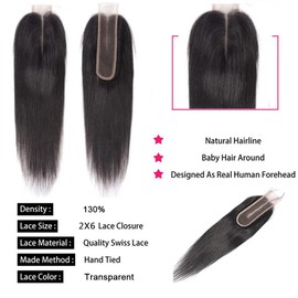 Arenshxc 2 x 6 Lace Closure Bresilienne Cheveux Humain Closure Bresilienne Lisse Straight Swiss Lace Free Part With Natural Hairline Baby Hair 130% Density 12 Inches