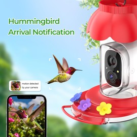 Smart Hummingbird Feeder with Camera, AI Identify Bird Breed,FHD 2K Live Bird Watching Instant Notifications,Ant and Bee Proof,3 Color Feeding Ports,Hanging on Porch Patio(21 Ounces)