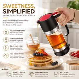 Glass Honey Dispenser for Easy Serving – 300mL Press-Handle Bottom Pour Jar for Honey, Syrup & Breakfast