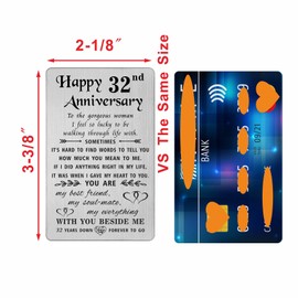 TANWIH 32nd Anniversary Card for Her Wife, 32 Year Anniversary Card Gifts for Her Women, 32nd Wedding Anniversary for Wife, Engraved Metal Wallet Cards