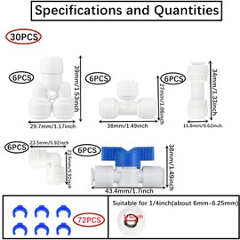 HUAZIZ 30 Piece Universal Connection Set Adapter Fitting Connector, RO Water Filter Fitting, for 1/4 Inch Hose, Fridge Hose, Water Hose (Y + T + I + L Type + Shut-off Valve)