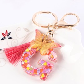 Suweibuke Colourful Cute Initial Letter Keychains for Women Girls with Tassel Butterfly, Charm for Purse Backpacks Handbags Schoolbags (Colorful Pink-G)