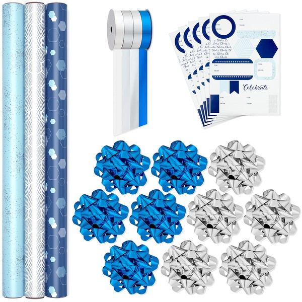 Hallmark Blue and Silver Wrapping Paper Set (3 Rolls: 90 Sq. Ft. Ttl, 10 Bows, Ribbon, Gift Tag Stickers) for Birthdays, Hanukkah, Father's Day, Graduations, Weddings