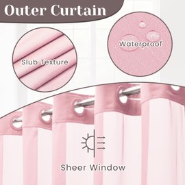 SORTTO No Hook Slub Textured Shower Curtain with Snap in Liner - Pink Fabric Outer Curtain & Waterproof Inner Liner, Hotel Style with See Through Top Window, 71x74 in