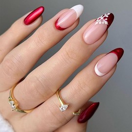 Christmas French Tip Press on Nails Medium Winter White Snowflake Design Acrylic Nails Red Nails Tip Almond False Nails Artificial Fake Nails Full Cover Glossy Coffin Nails Glue on Nails for Women