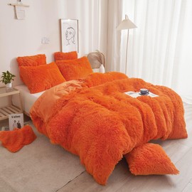 XeGe Plush Faux Fur Duvet Cover King Size, Luxury Shaggy Fluffy Orange Comforter Cover 1 PC, Soft Furry Fuzzy Velvet Bedding with Zipper Closure for Bedroom (King, Orange)