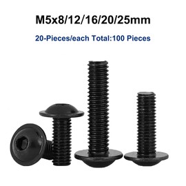 FandWay Pan Head Screw with Hexagon Socket and Flange Thread Screws ISO 7380-2, M5 x 8/12/16/20/25 mm Black 10.9-Class Carbon Steel Flange Screw Machine Screws (20 of Each Size)