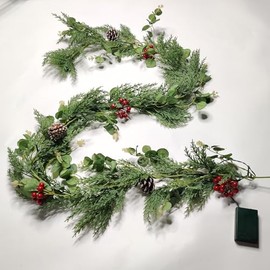 Mixed Branches- 6 Ft Artificial Christmas Garland, Eucalyptus and Snowy Pine Greenery Garlands with Timer 20 Warm White Lights Pine Cones Red Berry Garland for Xmas Decorations