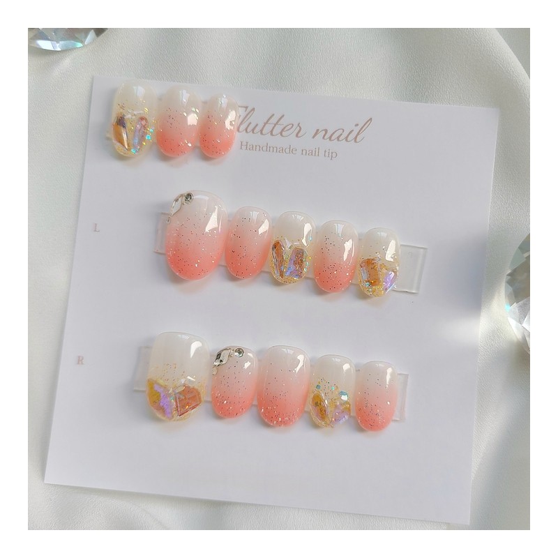 Peach Ice Stone Handmade Nail Tips - Long Oval /