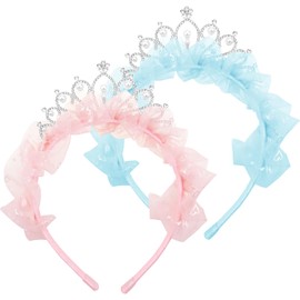 2 PCS Girls Princess Tiara Crown Headbands, Cute Tulle Bow Tiaras Birthday Headband for Girl Tiaras Crowns Head Band Party Fairy Costume Hair Accessories