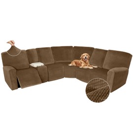 Arfntevss Sectional Recliner Couch Covers Velvet Washable Corner Sectional Sofa Cover for Reclining Couch Stretch Soft Thick L Shape Recliner Slipcover Set (5 Seat with 1 Console Cover, Light Brown)