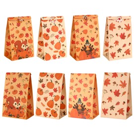 24 PCS Fall Treat bags with Stickers Thanksgiving Paper Bags For Candy Goodie Snack Cookie Gift Wrap Autumn Maple leaf Pumpkin Turkey Pouch Happy Friendsgiving Bag Party Favors Supplies Decorations
