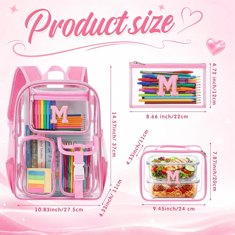 SilTriangle 3 Pcs Initial Clear Backpack with Lunch Bag Pencil