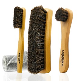Horsehair Shoe Brush Kit 4 Piece – Premium Horsehair Shoe Brush Set for Leather Shoes & Boots, Shine Brush, Dauber Applicator, Suede Cleaner & Microfiber Cloth.