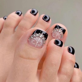Black French Tip Press on Toenails Glitter Toe Nail Press ons Short Square Fake Toe Nails with Floral Rhinestones Designs Acrylic Glue on Toenails Summer Stick on Toenails for Women 24 Pcs