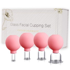 4PCS Glass Facial Cupping Set, Anti Aging Face Cupping Cups for Face & Neck Lift, Glowing Skin - Rejuvenation, Lymphatic Drainage, Facial Vacuum Suction Cups (Pink)