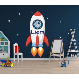 Custom Name Rocket Wall Decal - Rocket Astronaut Sticker Peel and Stick- Outer Space Nursery Wall Decor for Kids Room - Astronaut Vinyl Stickers for Nursery Playroom Decor (Wide 10"x22" Height)