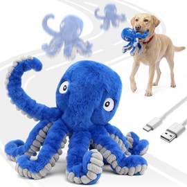 VOXGET Interactive Dog Octopus Toy, Upgrade Automatic 1.5H Jumping Ball with Motion Activation for Small Large Dogs, 2 in 1 Rechargeable Move & Tug Plush Toy Pets Keep Busy, No Music (Blue Crinkle)