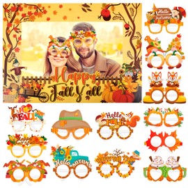 HOWAF Happy Fall Photo Booth Props Happy Fall Y'all Photo Frame and 26PCS Fall Paper Glasses, Hello Fall Autumn Decorations Favor Pumpkin Maple Leaves Photo Props for Harvest Thanksgiving Supplies