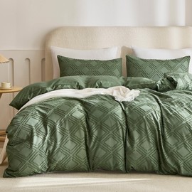 JELLYMONI Duvet Cover King Size Green - 3PCS Boho Duvet Cover Set Plaid Polyester Tufted Bohemian Jacquard Knit Textured Comforter Cover 104×90in Rhombic Geometric Pattern Zipper Corner Tie