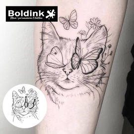 Boldink Temporary Tattoos, semi permanent tattoos, 15-day long lasting tattoo sticker, waterproof and anti-reflective, unique design（Butterfly and Cat）