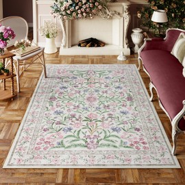 Lahome Boho Purple Floral 5x7 Area Rugs, Machine Washable Area Rugs for Living Room, Nursery Rugs for Bedroom, Soft Non-Slip Rug for Kids Room Girls Playroom, Pale Lilac/Pink