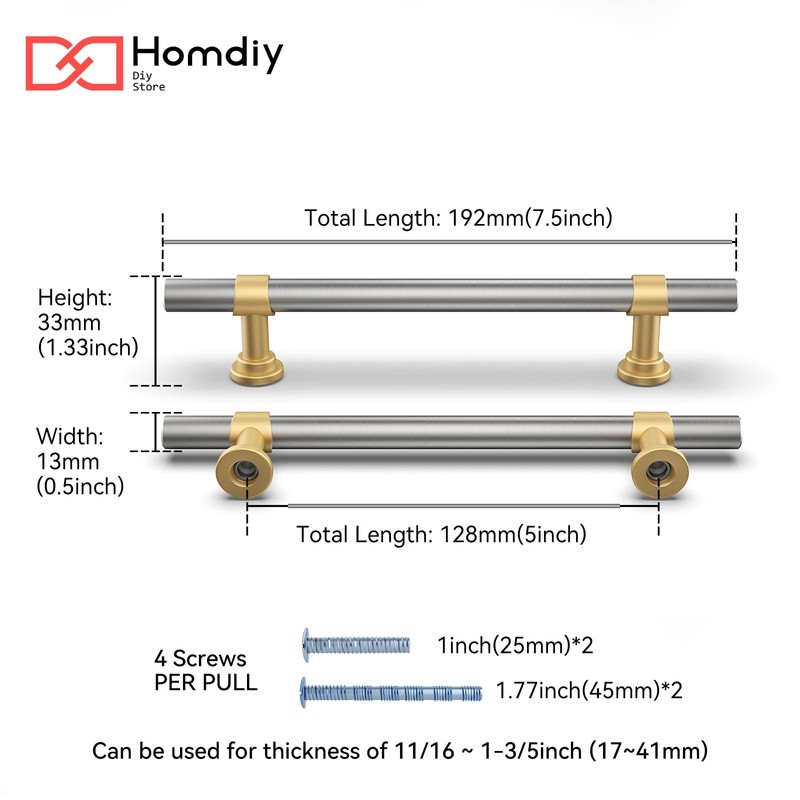 homdiy 10 Pack Brushed Nickel and Brass Cabinet Handles 5