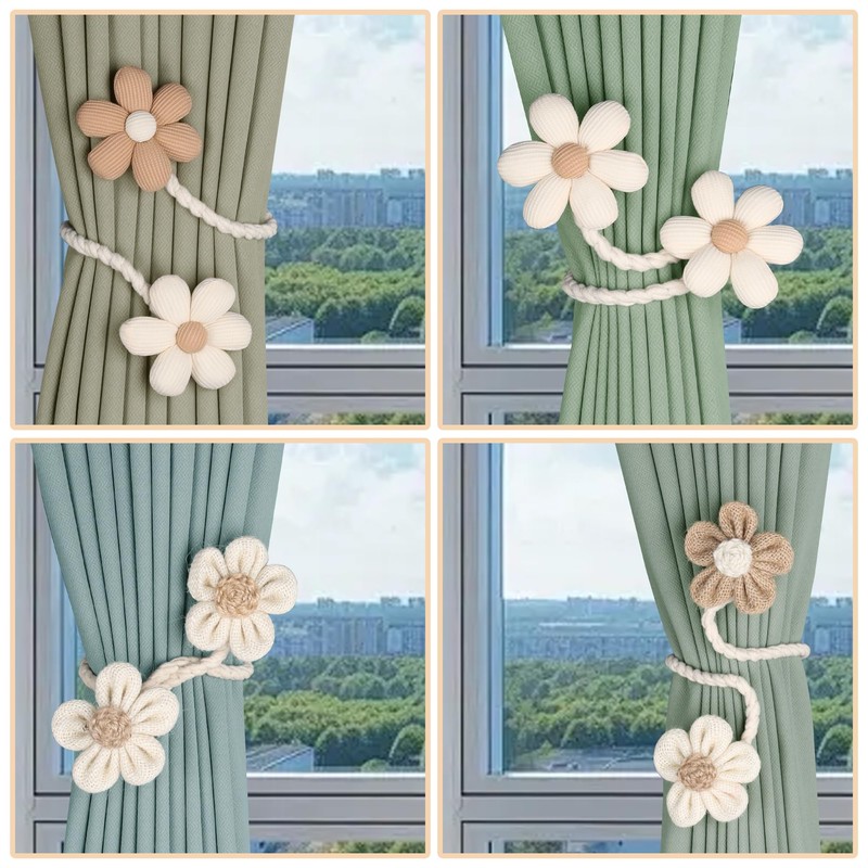 Meplait 4 Pack Flower Curtain Tiebacks, Boho Curtain Holdbacks, Beige&Khaki