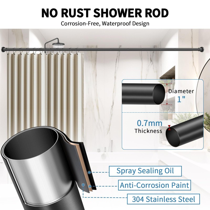ZYRW Black Shower Curtain Rod 36-68 Inches (3-5.6ft) Non Rust
