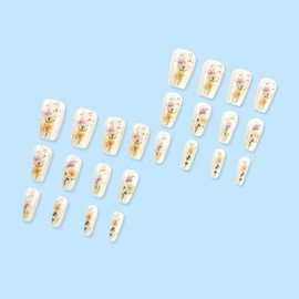 Flower Press on Nails Medium Square Spring Summer Nails Press Floral Pearl Fake Nails Nude Design Art Glue Nails Glossy False Nails Full Cover Acrylic Stick Nails for Women Girls 24pcs