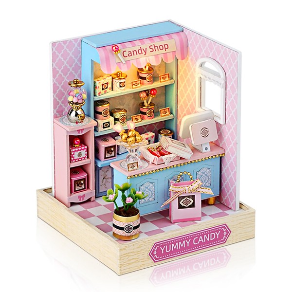 Cuteefun DIY Wooden DollHouse Kit, DIY Miniature Doll House Kits with Furniture and Dust Cover, Handmade Miniature Kit for Teens Adult Gift (Yummy Candy)