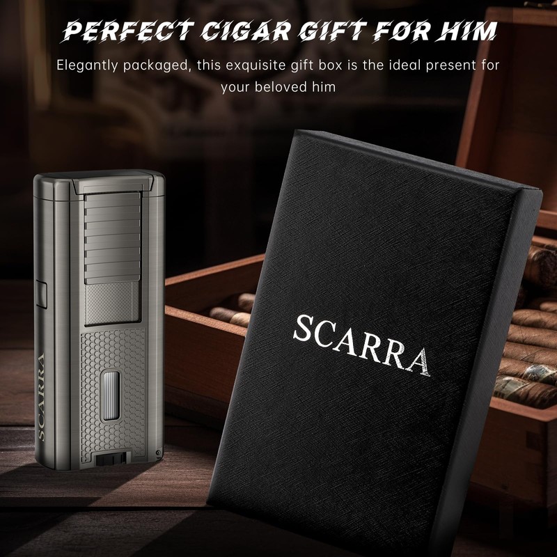 SCARRA Cigar Lighter Built-in Cigar Holder, Cigar Draw Enhancer, One-Touch