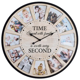12 Photo Collage Rustic Wood Farmhouse Wall Clock, Large Family Picture Wall Clock for Living Room, Home, Kitchen, Silent Battery Powered 24 Inch Natural
