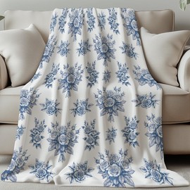 GLOBLELAND Blue Vintage Flowers Throw Blanket 59×51 inch Roses Soft Cozy Flannel Blanket Washable Fuzzy Bed Blanket for Home Office Room Sofa Chair Women Man