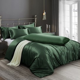 Ersmak 6 Pieces Satin Duvet Cover Full/Queen Size Luxury Silky Bedding Duvet Cover Set with 1 Soft Duvet Cover, 4 Queen Pillowcases and 1 Body Pillowcase, Emerald Green