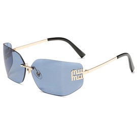 Bsreyeop Futuristic Rimless Y2K Sunglasses for Women Men Fashion Wrap Around Frame Trendy Shield Frameless Design (Light Blue C5)