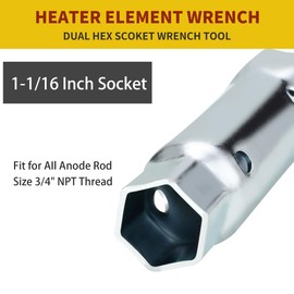 Qtcial Heavy-Duty RV Water Heater Element Wrench Socket, Dual Hex Anode Rod Removal Tool, 1-1/16 in x 1-1/2 in x 6 in, Universal Fit for Residential and RV Camper Trailers, Galvanized Carbon Steel