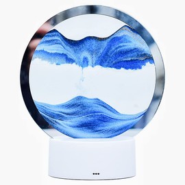 XIYUAN Moving Sand Art Picture 3D Deep Sea Sandscape in Motion Display Flowing Sand Frame 360° Round Glass Rotating Hourglass Decor with Colorful LED Deskto (Blue)