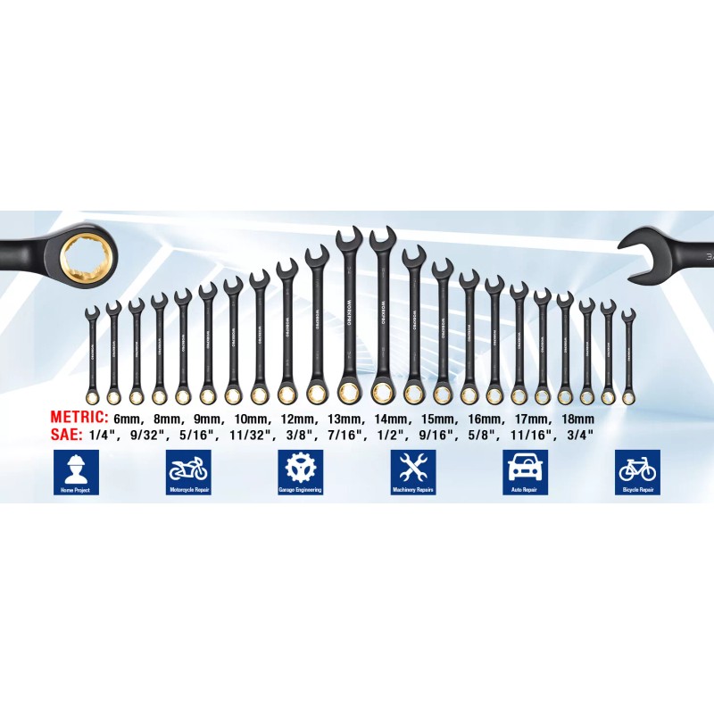 WORKPRO 22-Piece Ratcheting Wrench Set Anti-slip Teeth SAE 1/4-3/4 Metric