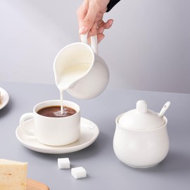 CHILDIKE Ceramic Sugar and Creamer Set, Coffee Serving Set, 3 Piece Cream Pitcher Sugar Bowl with Lid and Spoon (White 12 OZ)