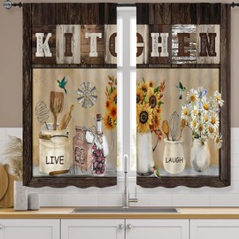 Famiffty - Cortinas de cocina de girasoles rústicos clásico, de 27.5 pulgadas de ancho x 39 pulgadas de largo, 2 paneles de bolsillo para barra, estilo retro, country, floral, margaritas, pequeñas cortinas cortas, cortinas de ventana, tratamiento sobre e