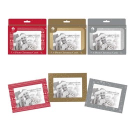 18 Christmas Photo Frame Cards with Envelopes, Red, Gold, and Grey, Personalise with Your Own Family Picture
