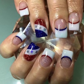 Glitter French Stripes Press on Nails Short Square 24pcs Independence Day Press-On Nails Kit, 4th of July Fake Nails Cute French Nails Tip Press On Five-Pointed Star Stick on False Nails for Women