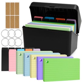 Index Box Box, Flashcard Box Black Including 300 Index Cards (12.7 x 8.8 cm/12.7 x 7.6 cm), 6 Rings 5 Dividers 6 Stickers for On the Go Learning Notes School Supplies Office Home