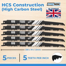 EffektWerk - Reciprocating Saw Blades for Wood - 5 Pieces - 9" / 230mm HCS Steel Sabre Sawblades for Wood & Plastic Cutting - 6 TPI